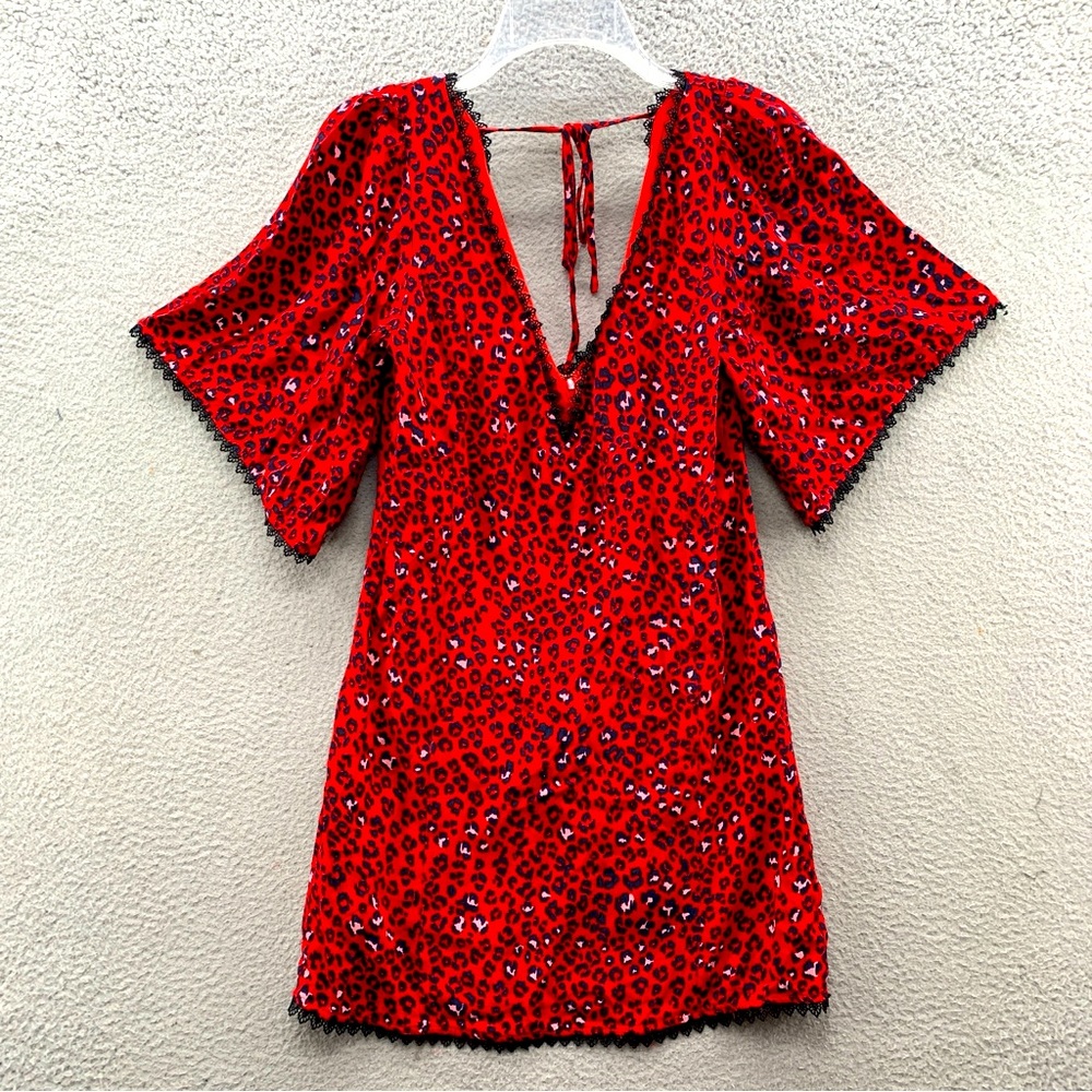 Lovers + Friends Revolve Women 2XS Red Leopard Print Mini Dress Lace Tie Cheetah